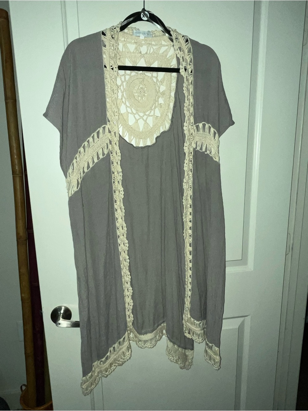 Rebellion Again Crochet-Trim Open Front Kimono Gray & Beige